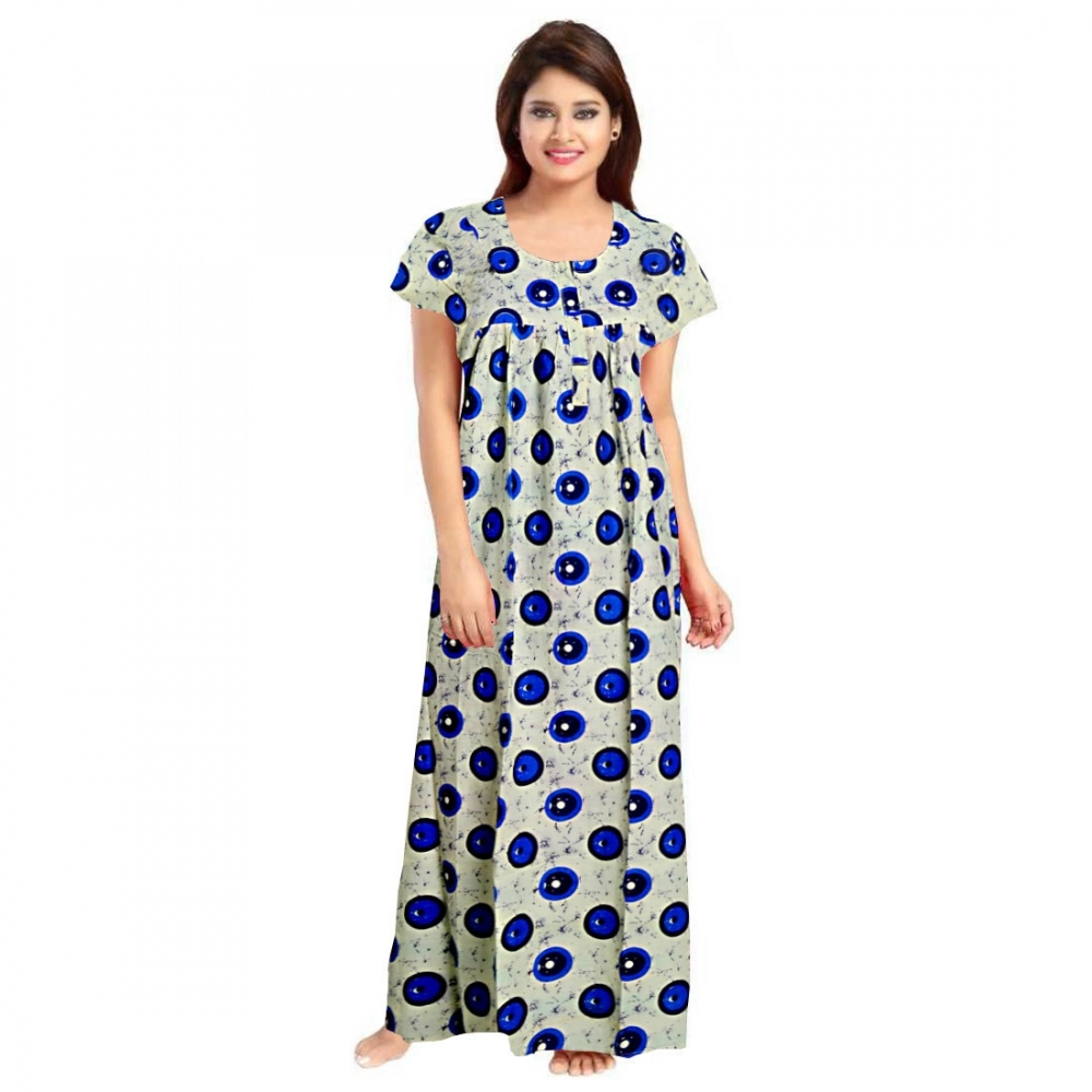 Spherevant Women's Cotton Printed Maxi Nighty (Off White)