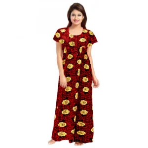 Spherevant Women's Cotton Printed Maxi Nighty (Maroon)