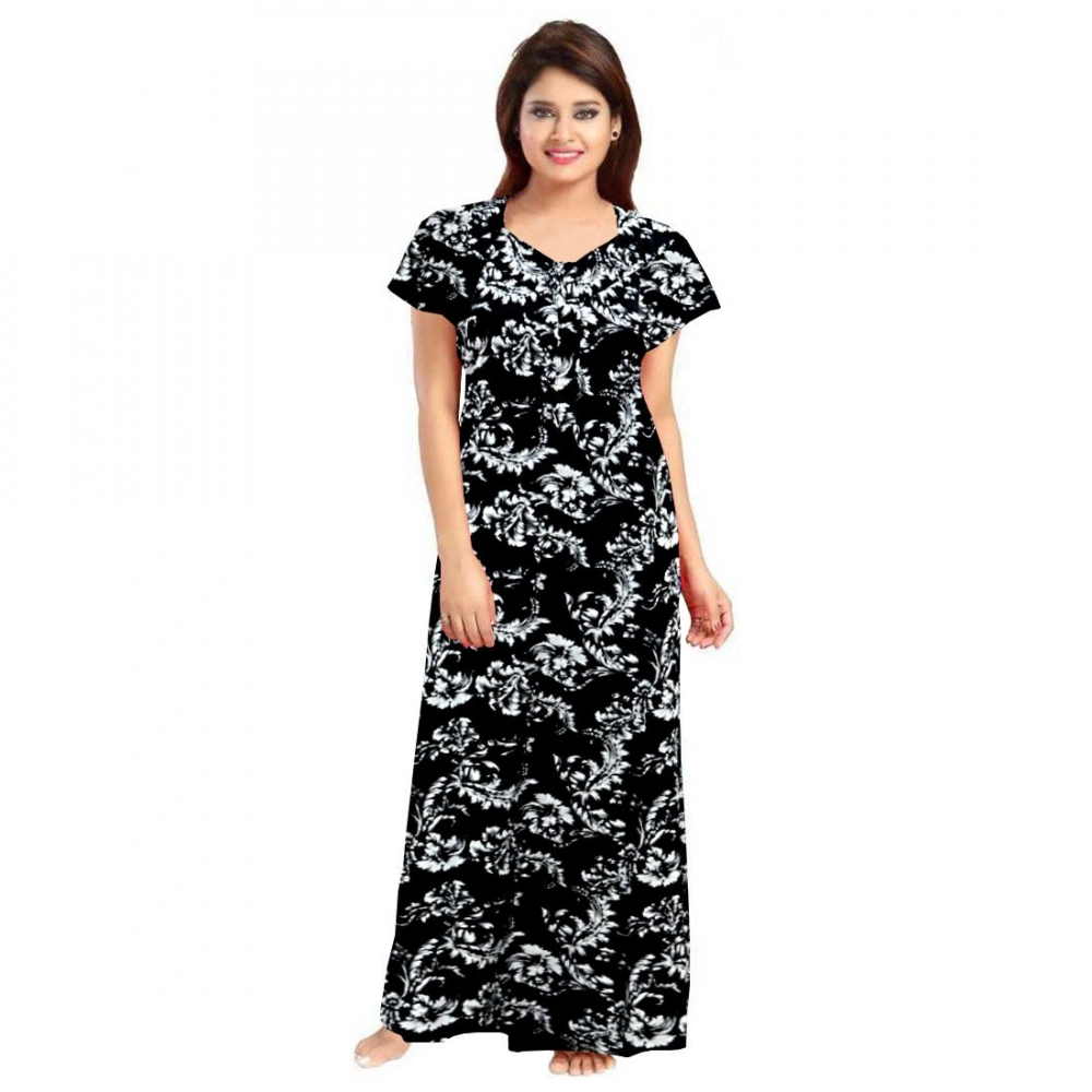 Spherevant Women's Cotton Printed Maxi Nighty (Black)