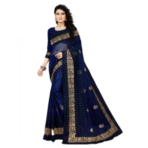 Spherevant Women's Net Saree With Blouse (Navy Blue, 5-6Mtrs)