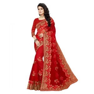 Spherevant Women's Net Saree With Blouse (Red, 5-6Mtrs)