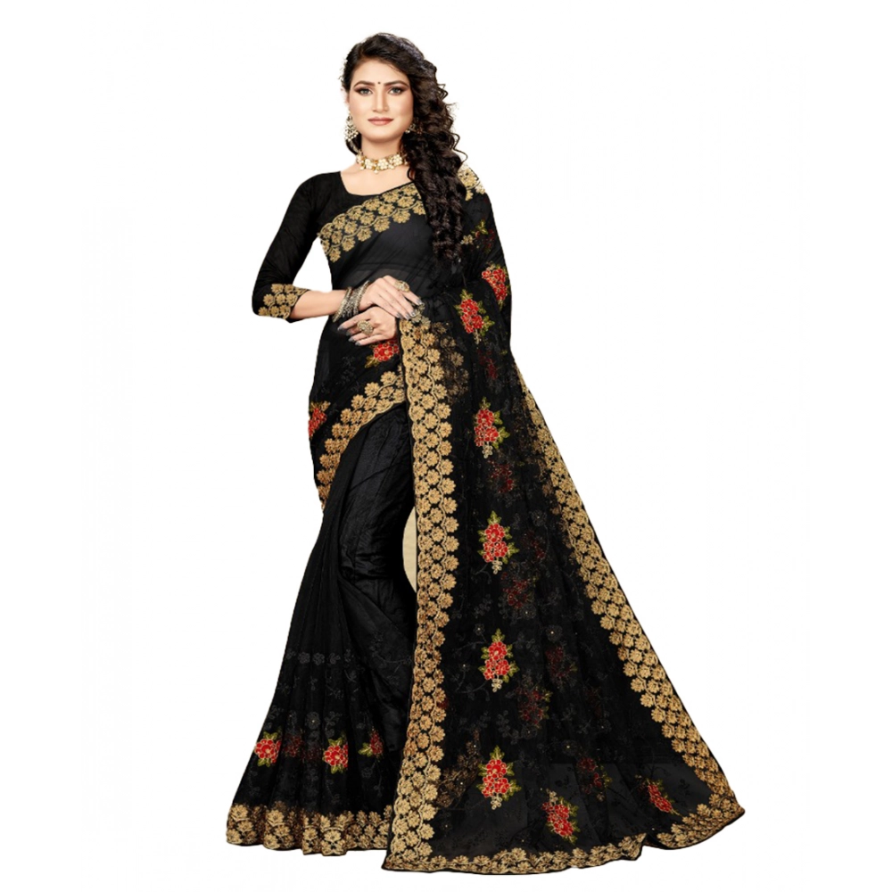 Spherevant Women's Net Saree With Blouse (Black, 5-6Mtrs)