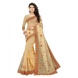 Spherevant Women's Net Saree With Blouse (Chiku, 5-6Mtrs)