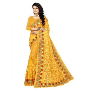 Spherevant Women's Net Saree With Blouse (Yellow, 5-6Mtrs)