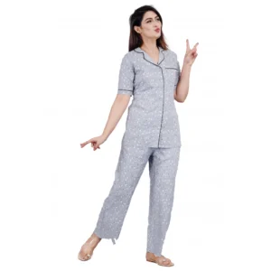 Spherevant Women's Casual Half Sleeve Printed Viscose Rayon Shirt With Pyjama Pant Night Suit Set (Grey)