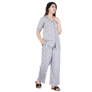 Spherevant Women's Casual Half Sleeve Printed Viscose Rayon Shirt With Pyjama Pant Night Suit Set (Grey)