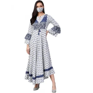 Spherevant Women's Casual Bell Sleeve Floral Printed Rayon Dress (White & Blue)