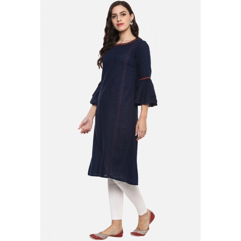 Spherevant Women's Casual Bell Sleeves Solid Cotton Slub Kurti (Blue) - Image 2