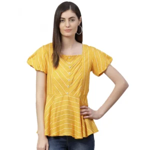 Spherevant Women's Casual Short Sleeves Stripe Printed Rayon Top (Mustard)