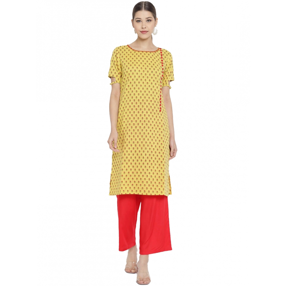 Spherevant Women's Casual Short Sleeves Floral Printed Cotton & Rayon Kurti Palazzo Set (Yellow & Red)