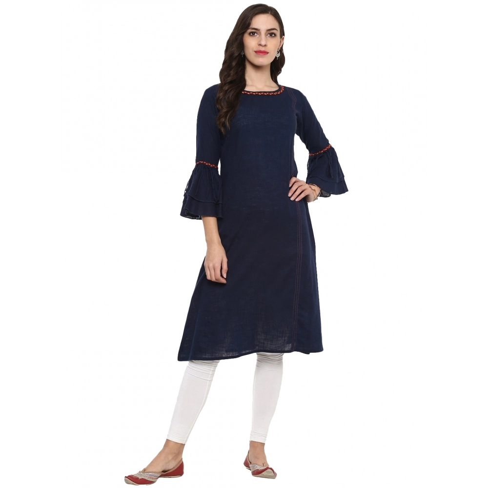 Spherevant Women's Casual Bell Sleeves Solid Cotton Slub Kurti (Blue)