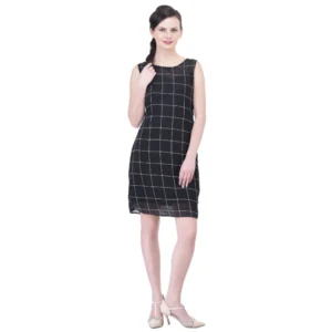 Spherevant Women's Cotton Blend Checked Sleeveless Sheath Dress (Black)