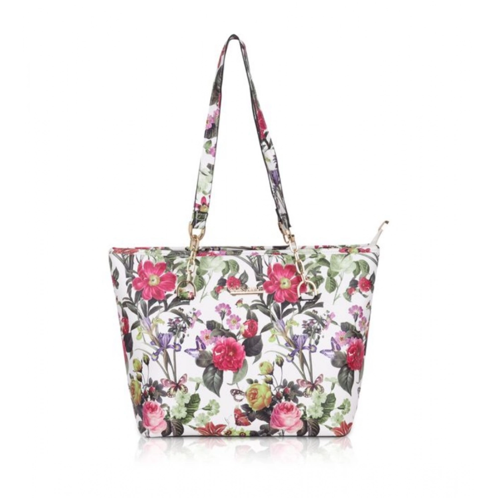 Spherevant Women's Faux Leather Printed Tote Bag (White Pink)
