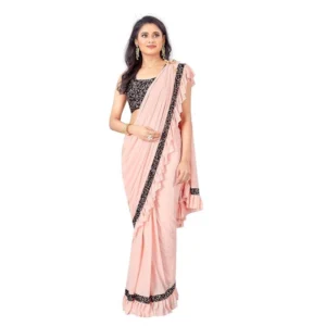 Spherevant Women's Lycra Solid Saree With Unstitched Blouse (Peach, 5.5 Mtr)