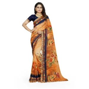 Spherevant Women's Georgette Floral Print Saree With Unstitched Blouse 5.5Mtr (Blue-Orange)