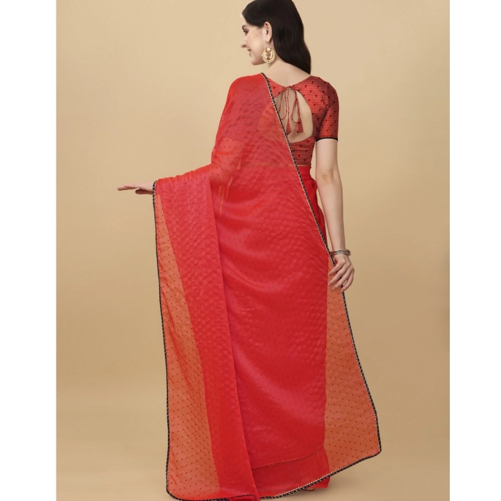 Spherevant Women's Silk Blend Embellished Saree With Unstitched Blouse 5.5Mtr (Red) - Image 3
