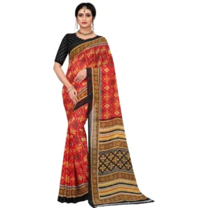 Spherevant Women's Georgette Floral Print Saree With Unstitched Blouse 5.5Mtr (Red)