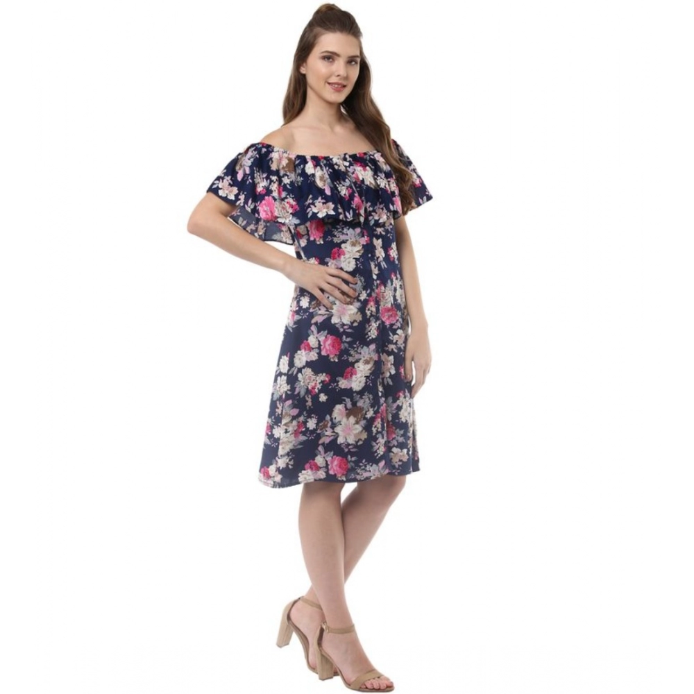 Spherevant Women's Polyester Crepe Floral Half Sleeve Above Knee Dress (Navy Blue) - Image 5