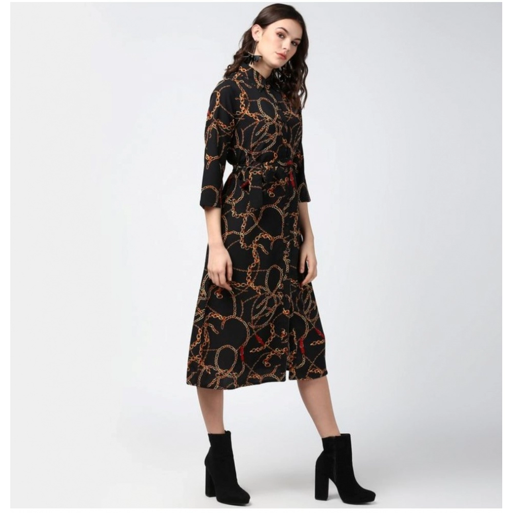 Spherevant Women's Polyester Chain Print Roll Up Sleeve Below Knee Dress (Black - Yellow) - Image 5