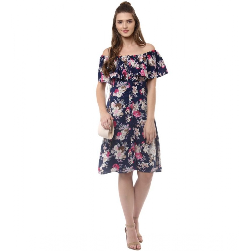 Spherevant Women's Polyester Crepe Floral Half Sleeve Above Knee Dress (Navy Blue) - Image 3