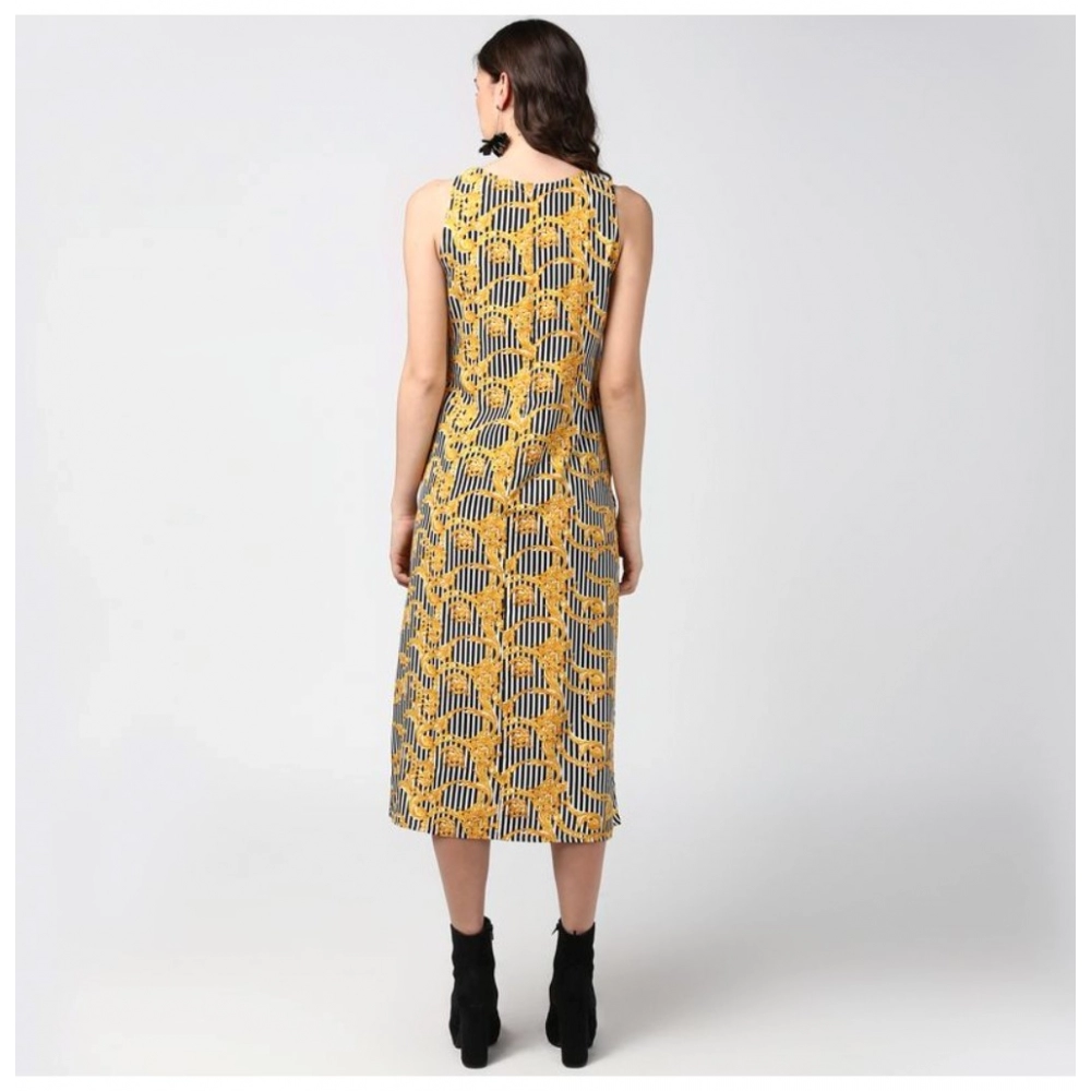 Spherevant Women's Polyester Chain Print Sleeveless Below Knee Dress (Yellow - Black) - Image 2