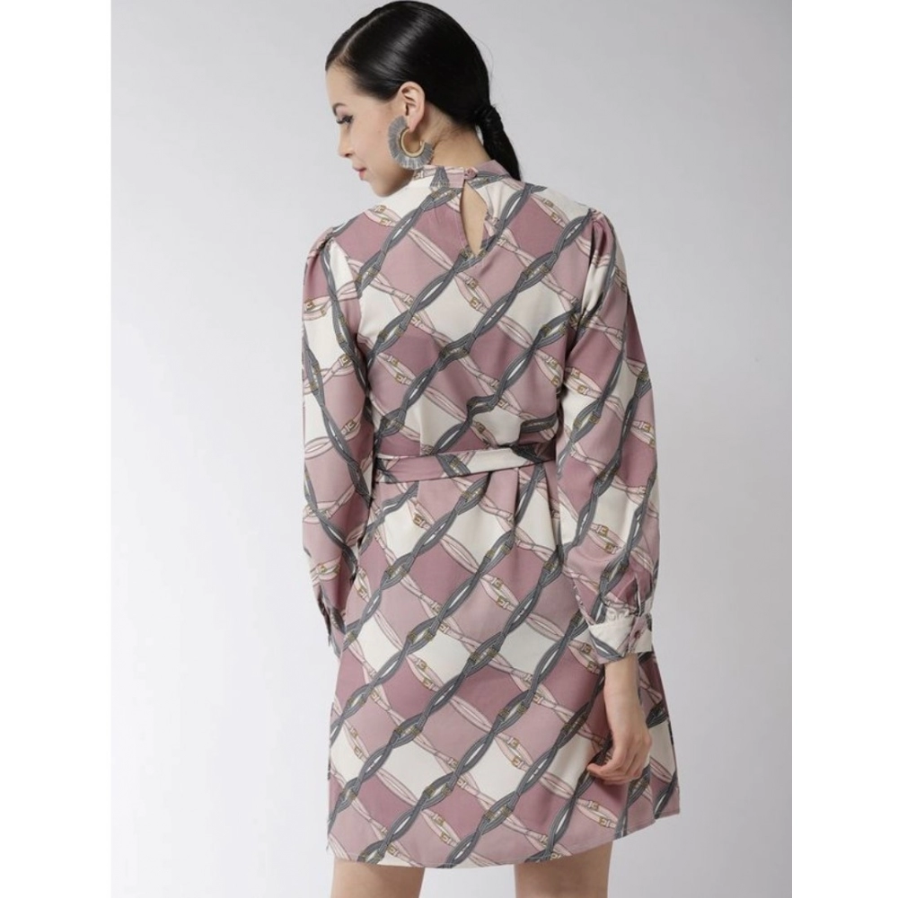 Spherevant Women's Polyester Checkered Long Sleeves Above Knee Dress (Off White - Lavender) - Image 2