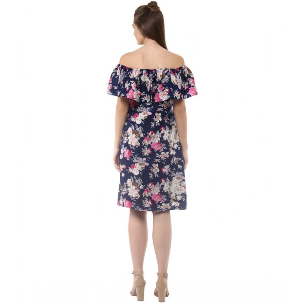 Spherevant Women's Polyester Crepe Floral Half Sleeve Above Knee Dress (Navy Blue) - Image 2