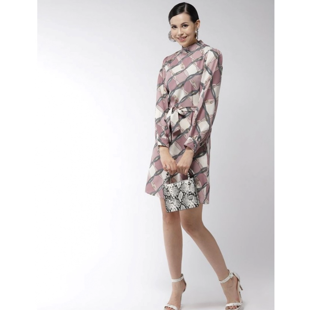 Spherevant Women's Polyester Checkered Long Sleeves Above Knee Dress (Off White - Lavender) - Image 3