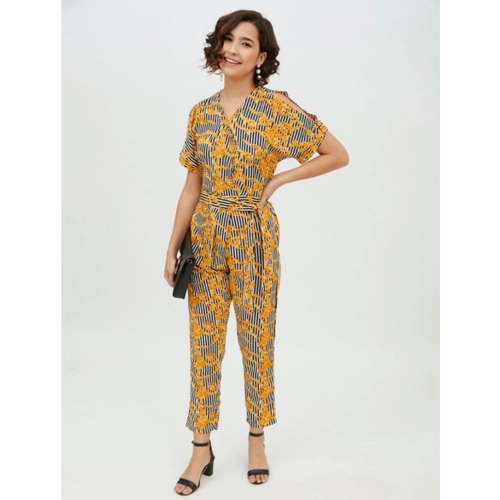 Spherevant Women's Polyester Printed Half Sleeve Long Jumpsuit (Yellow) - Image 3