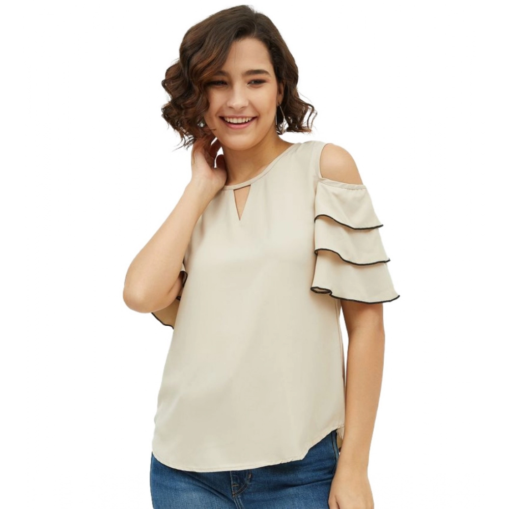 Spherevant Women's Polyester Tiered Cold Shoulder Top (Beige)
