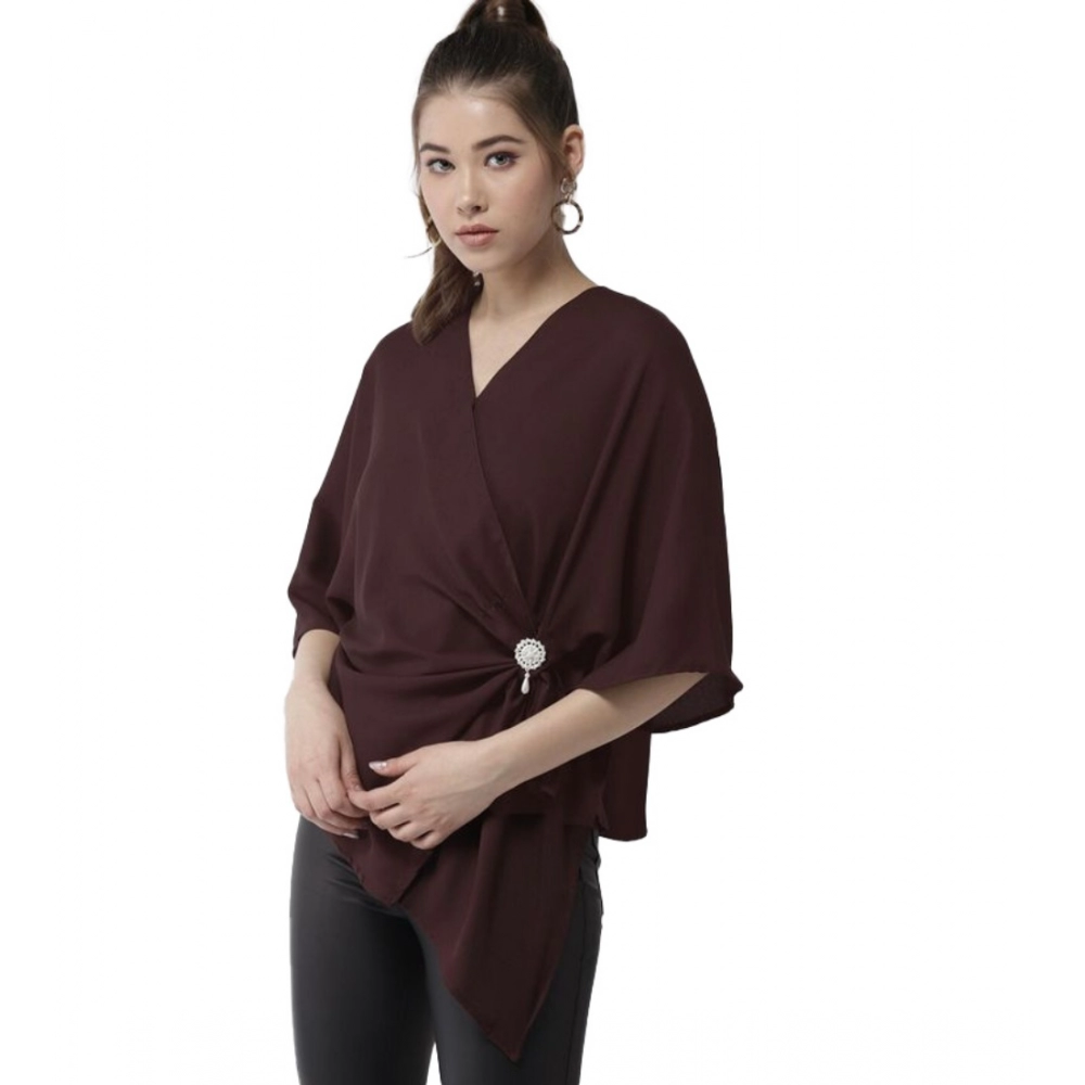 Spherevant Women's Polyester Solid Cape Sleeve Top (Maroon)