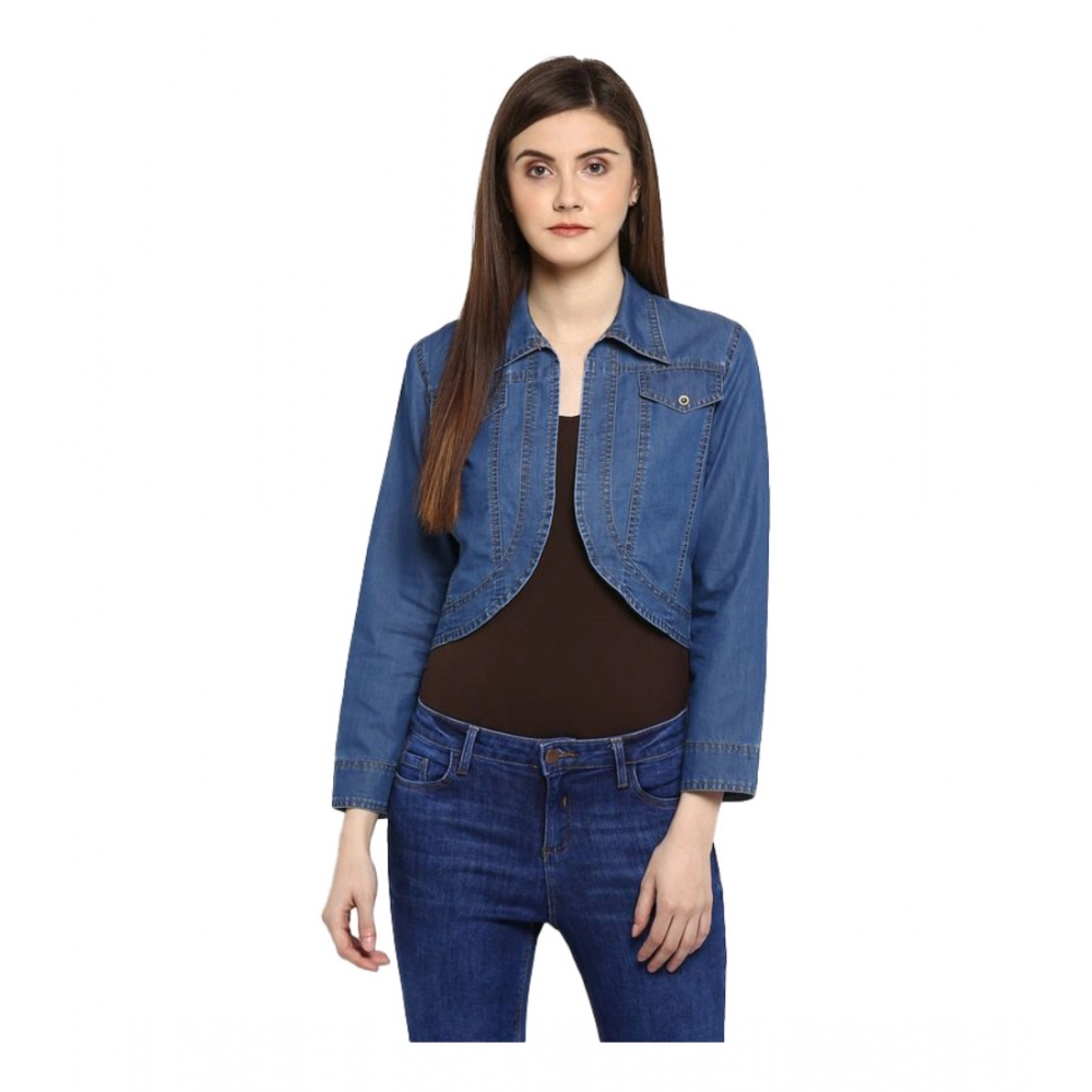 Spherevant Women's Denim Solid 3-4th Sleeves Shrug (Blue)