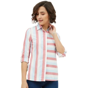 Spherevant Women's Cotton Striped Long Sleeves Standard Length Shirt (Pink)