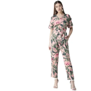 Spherevant Women's Polyester Floral Half Sleeve Jumpsuit (Pink)