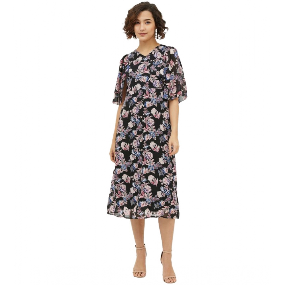 Spherevant Women's Polyester Chain Print Cap Sleeve Calf-length Dress (Multicolor)