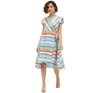 Spherevant Women's Satin Striped Short Sleeve Knee-Length Dress (Multicolor)