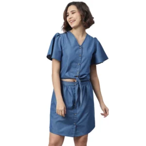Spherevant Women's Denim Solid Flutter Above Knee Dress (Blue)