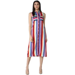 Spherevant Women's Polyester Striped Sleeveless Calf-length Dress (Multicolor)