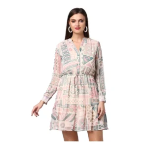Spherevant Women's Polyester Printed Long Sleeves Above Knee Dress (Light Pink - Off White)
