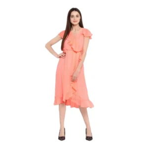 Spherevant Women's Polyester Ruffled Cap Sleeve Below Knee Dress (Neon Pink)