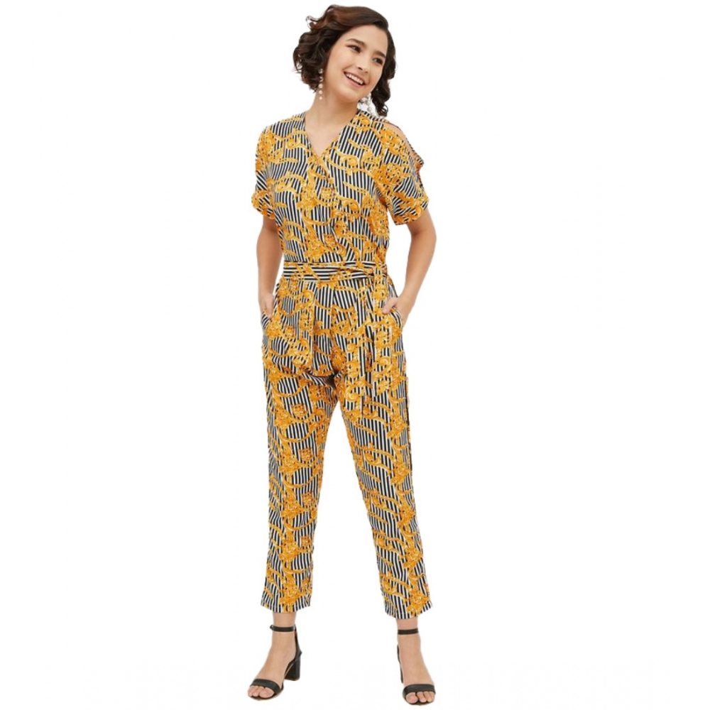 Spherevant Women's Polyester Printed Half Sleeve Long Jumpsuit (Yellow)