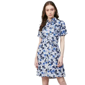 Spherevant Women's Polyester Floral Short Sleeve Above Knee Dress (Blue - White)
