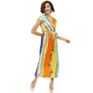 Spherevant Women's Satin Chain Print Cap Sleeve Calf-length Dress (Multicolor)