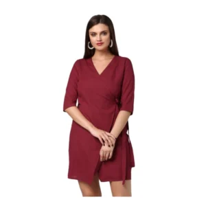 Spherevant Women's Cotton Solid 3-4th Sleeves Above Knee Dress (Maroon)