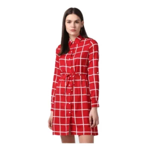 Spherevant Women's Polyester Checkered Long Sleeves Above Knee Dress (Red)