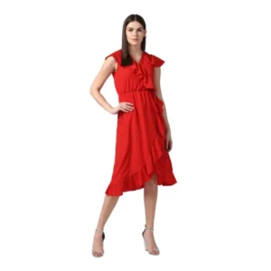 Spherevant Women's Polyester Ruffled Cap Sleeve Knee-Length Dress (Red)