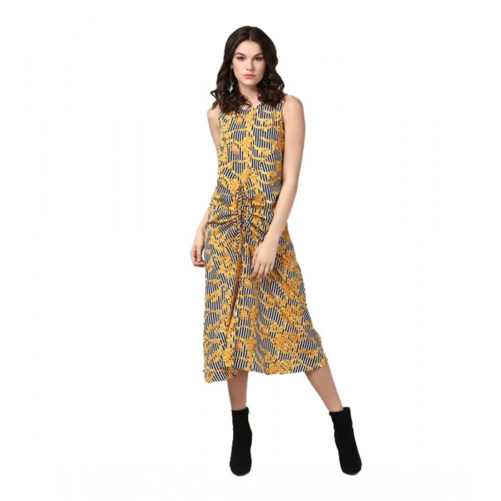 Spherevant Women's Polyester Chain Print Sleeveless Below Knee Dress (Yellow - Black)