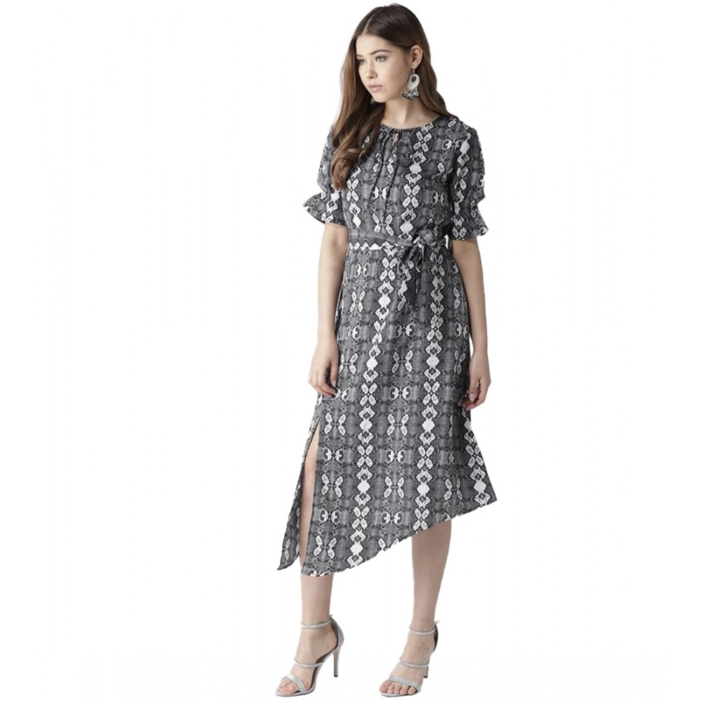 Spherevant Women's Polyester Animal Print Short Sleeve Knee-Length Dress (Black - White)