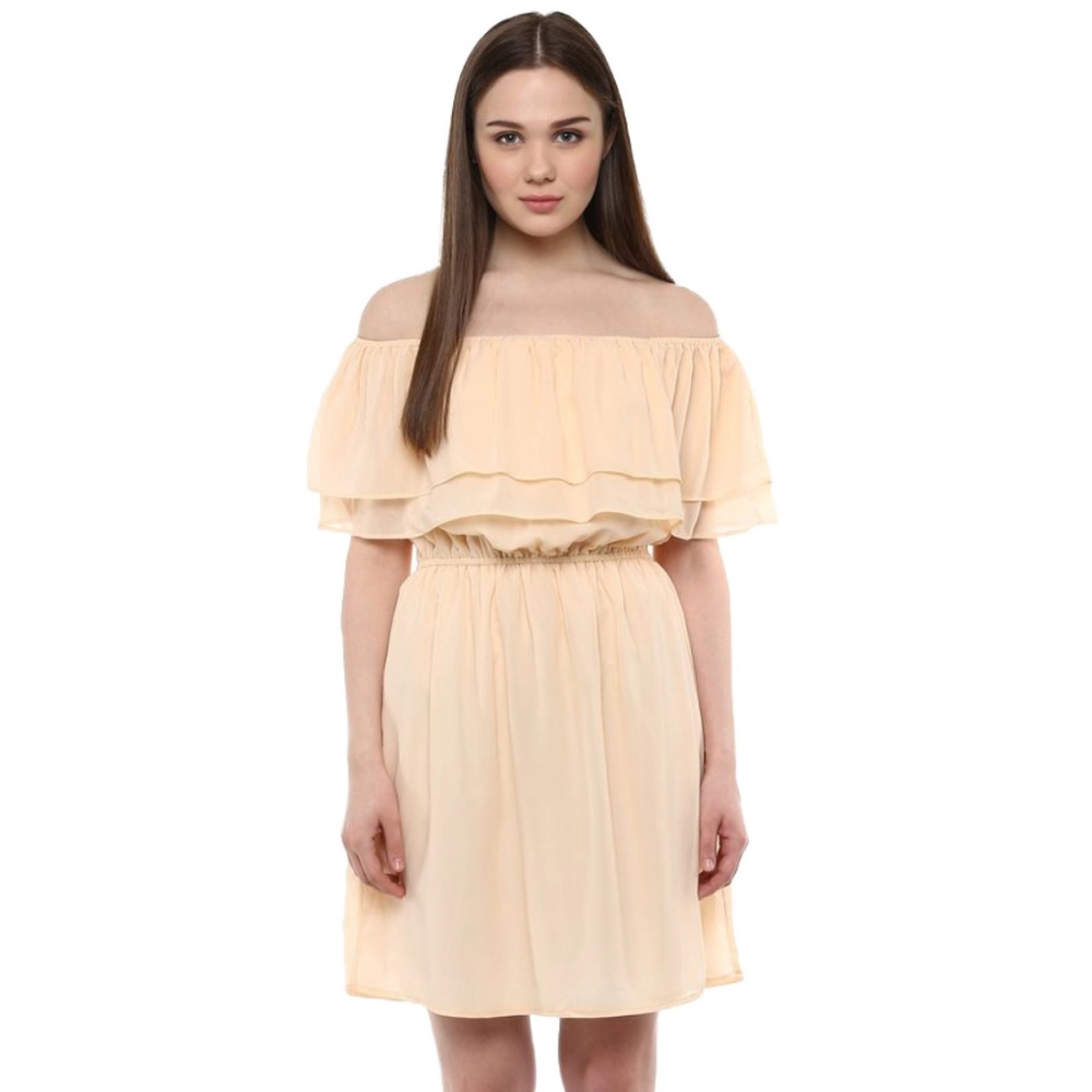 Spherevant Women's Polyester Solid Sleeveless Knee-Length Dress (Beige)