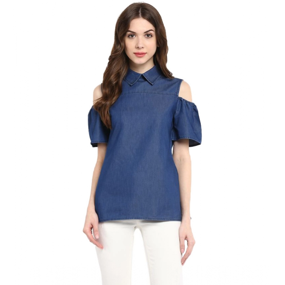 Spherevant Women's Denim Solid Cold Shoulder Regular Top (Blue)